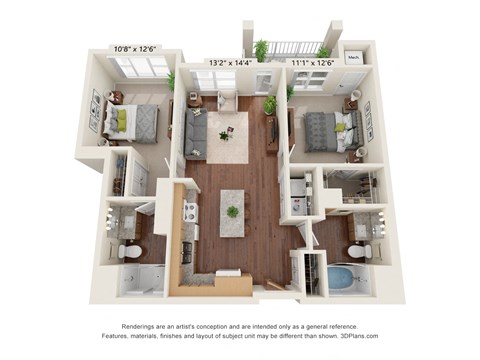 Floor plan for 2 beds, 2 baths, 1008 sqft